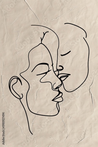 Minimalist line art of two faces kissing romantic couple drawing