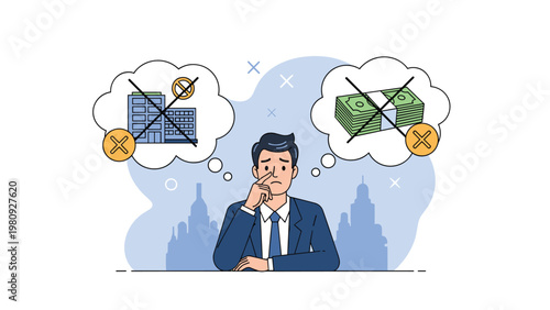Distressed businessman in a suit worrying about money and business losses with thought bubbles showing crossed out buildings and cash.