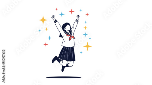 Joyful high school student in a traditional uniform jumping for joy surrounded by sparkling stars representing success and happiness.