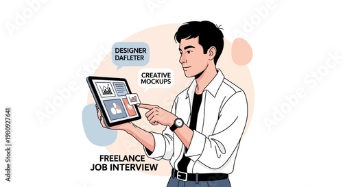 Freelance designer using tablet for job interview and creative mockups