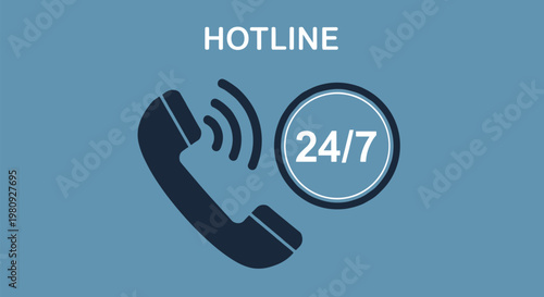 Hotline 24/7 call center service icon, telephone with ringing waves and round clock symbol support.
