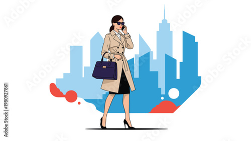 Stylish business woman in a trench coat walking through a city with skyscrapers while talking on her mobile phone and carrying a bag.