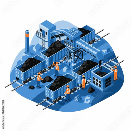 Coal mining industrial complex with workers and machinery.
