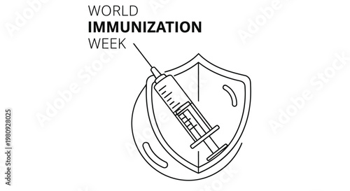 World immunization week graphic featuring a syringe within a shield outline