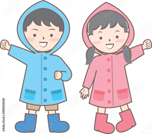 雨の日の合羽姿の子供たち　梅雨