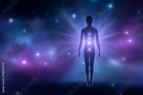 Human silhouette filled with galaxy texture and glowing chakras, cosmic background with stars and nebula, mystical concept of inner universe, vibrant colors
