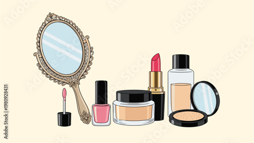 Collection of vintage style makeup products including a mirror, lipstick, nail polish, powder, and foundation bottles.