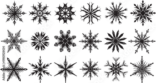 Collection of unique black snowflakes on white background illustration