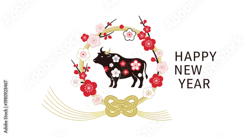 Traditional Japanese new year card featuring a black ox silhouette decorated with flowers inside a bamboo wreath.