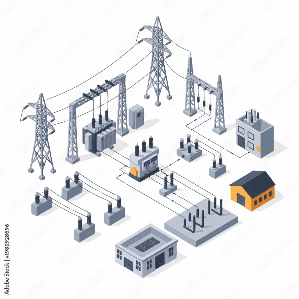 Naklejka premium Electrical power distribution substation and transmission towers isometric illustration.