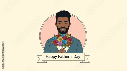 Proud and happy African American father holding a colorful bouquet of roses for a special Father's Day celebration.