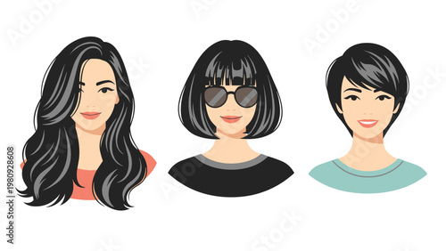 Diverse set of three female avatars with different hairstyles and hair colors on a neutral light gray background.