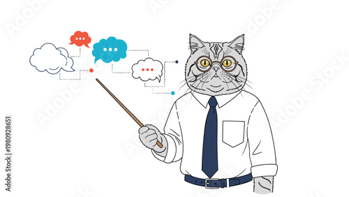 Smart cat dressed in a shirt and tie holding a pointer towards various speech bubbles to explain information.