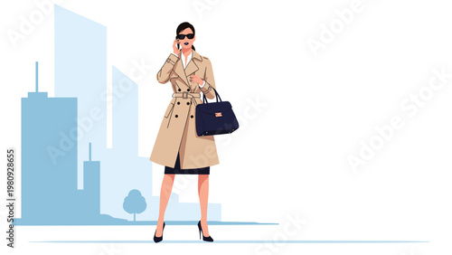 Professional businesswoman in a trench coat and sunglasses talking on her phone in front of a modern city skyline.