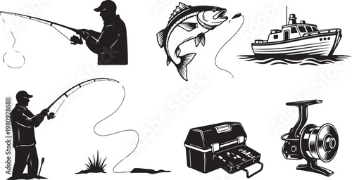 Fishing illustrations with various scenes and equipment shown