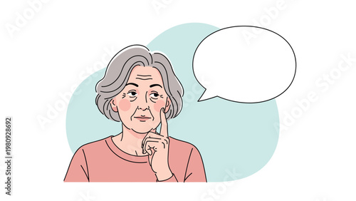 Pensive elderly woman thinking deeply with a finger on her cheek and a blank thought bubble on a plain background.