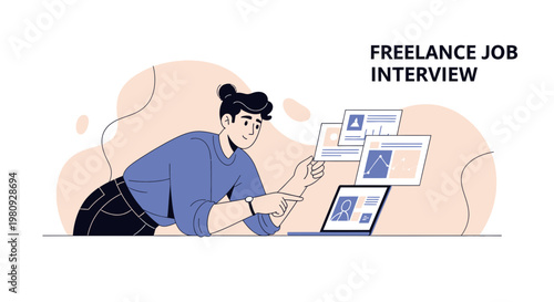 Freelance Job Interview: Person using laptop for remote work meeting, online recruitment concept