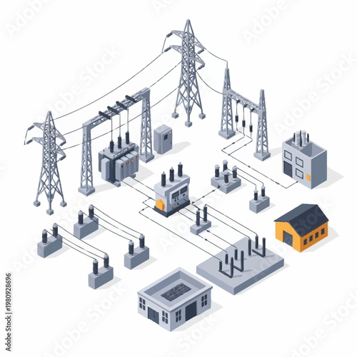 Electrical power distribution substation and transmission towers isometric illustration.