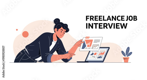 Freelance Job Interview: Woman with Laptop and Portfolio, Remote Work Concept