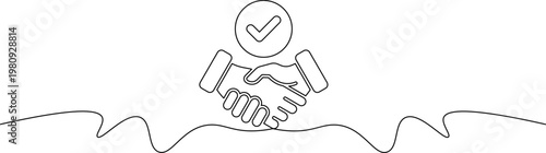 A minimalist line drawing of two hands shaking with a checkmark above them