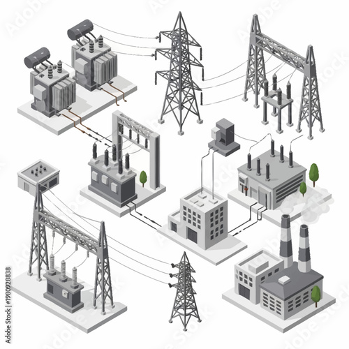 Electrical power grid infrastructure with substations and transmission towers.