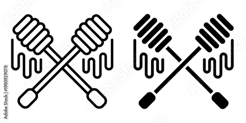 Beekeeping and Honey icon set label, logo, badge, sticker, sign, symbol, banner, line, flat vector, isolated illustration. Nest, bee, beehive, honeycomb, honey, pollen, jar, hive, spoon, flower icons.