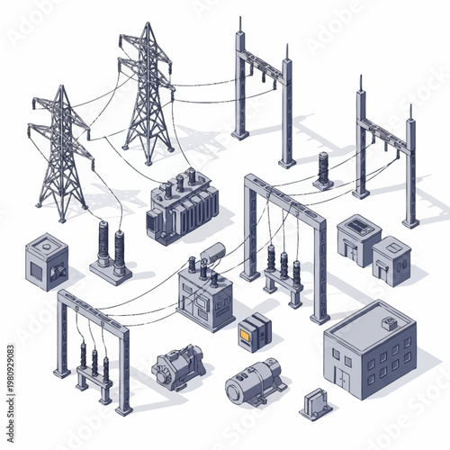 Electrical substation components and power lines isometric illustration.