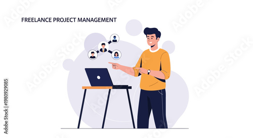 Freelance Project Management: Man managing team and tasks on laptop