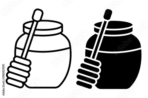 Beekeeping and Honey icon set label, logo, badge, sticker, sign, symbol, banner, line, flat vector, isolated illustration. Nest, bee, beehive, honeycomb, honey, pollen, jar, hive, spoon, flower icons.