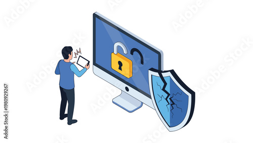 Man using a digital tablet next to a large computer monitor with a broken shield and an open padlock icon representing a cyber security breach.