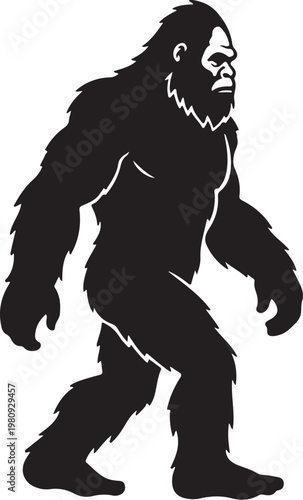 Bigfoot walking in a mysterious forest at night slowly