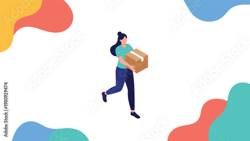 Woman running and carrying a brown cardboard box on a white background with colorful abstract shapes for delivery and logistics concepts.