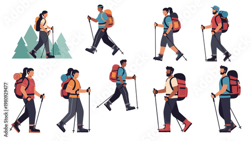 Collection of diverse people hiking and trekking with backpacks and walking poles representing active lifestyle and outdoor adventure sports.