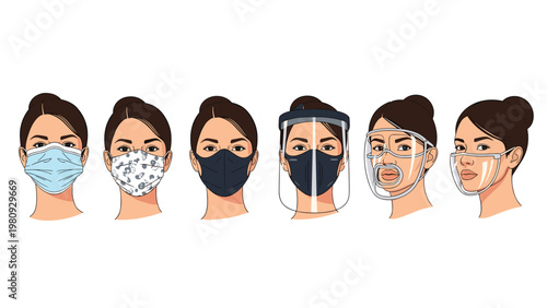 Set of female avatars demonstrating different types of protective face masks and transparent shields for various safety and medical scenarios.