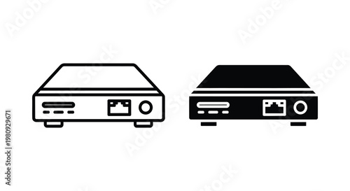 Two network devices depicted in a simple contrasting black silhouette
