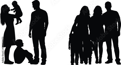 Family silhouettes, parents and children, baby care, family group, parenting concept, lifestyle illustration, togetherness, unity, love, support, bonding, childhood