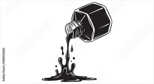 Ink bottle pouring black ink isolated on white background