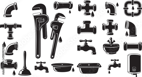 Plumbing tools and fixtures in black and white illustration