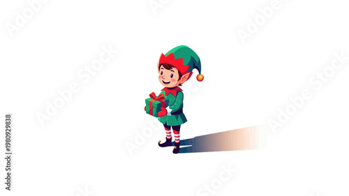 Cartoon Elf Holding Christmas Gift.