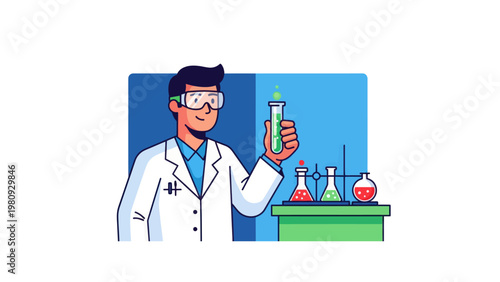 Cartoon scientist holding test tube.