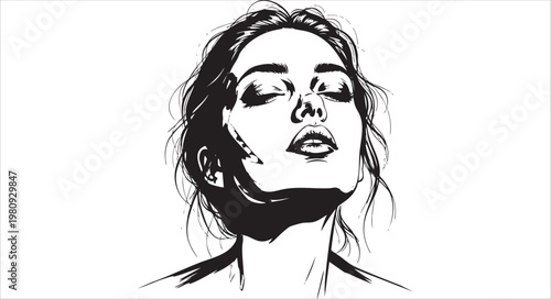 Portrait of a woman with eyes closed, black and white ink illustration