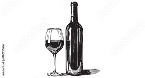 Hand drawn illustration of a wine bottle and a glass of wine