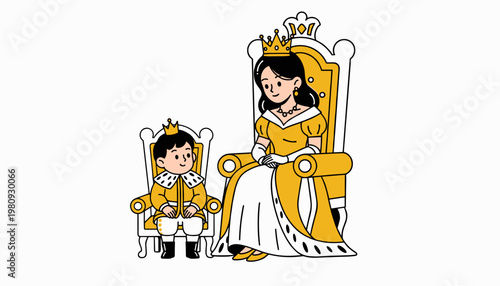 Queen mother and child sitting on royal chair cute mothers day family illustration