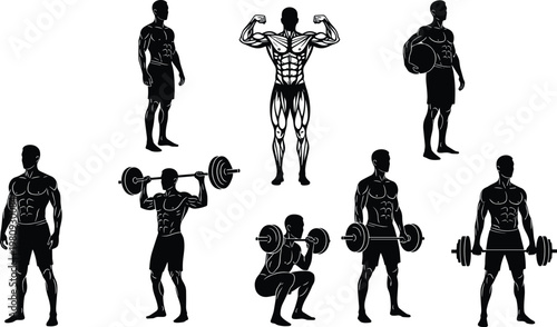 Fitness silhouettes, bodybuilding figures, strength training illustration, muscular posture vector, workout lifestyle concept, exercise design icon art