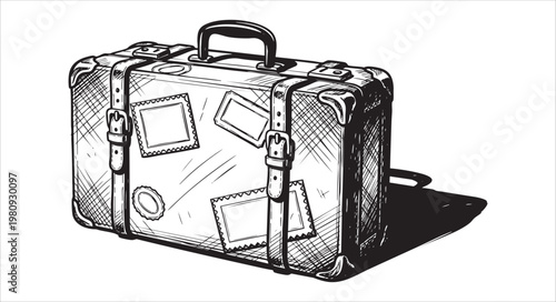 Vintage travel suitcase with stickers isolated on white background