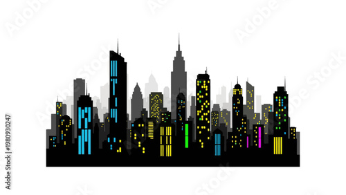 City Skyline with Colorful Buildings.