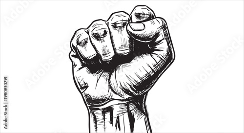 Black and white illustration of a raised fist isolated on white background
