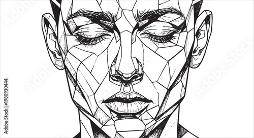 Geometric portrait of a person with closed eyes, line art illustration