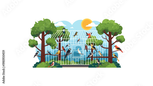 Colorful birds in a cage.