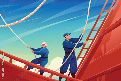 Ship Crew Working on Deck Scene Vector Illustrati